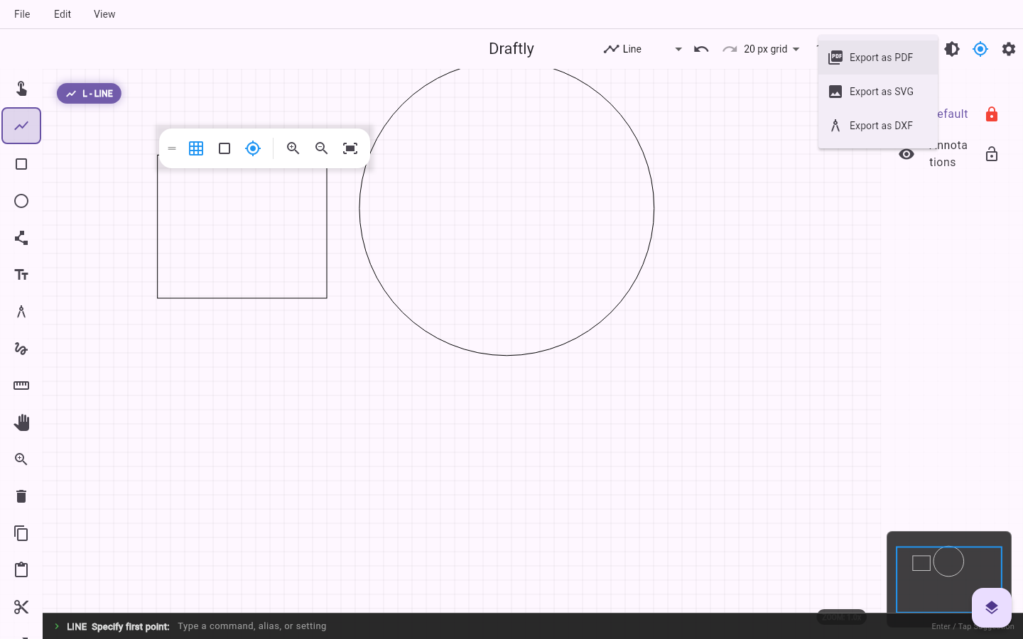 Export menu with PDF, SVG, and DXF options